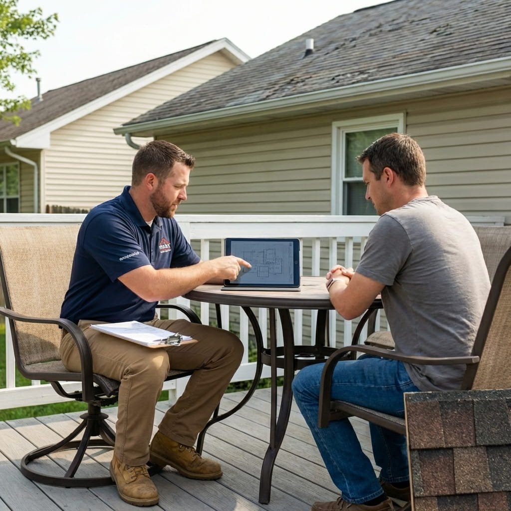 Roofing contractor and homeowner after successful roof replacement project