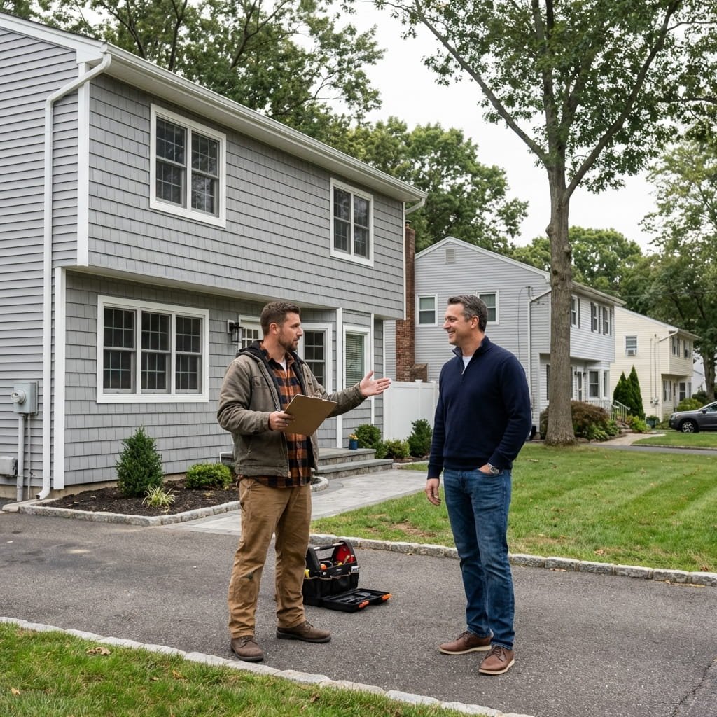 siding contractor long island discussing project with homeowner