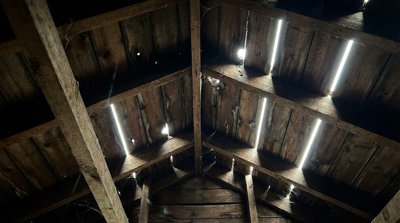 Daylight visible through attic roof boards, a sign of a serious roof breach.