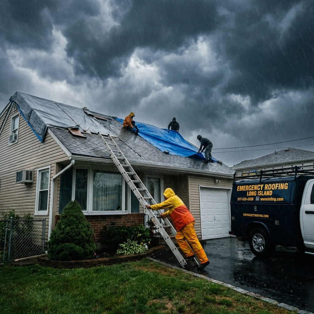 Emergency roofing contractor assessing roof damage with homeowner after storm