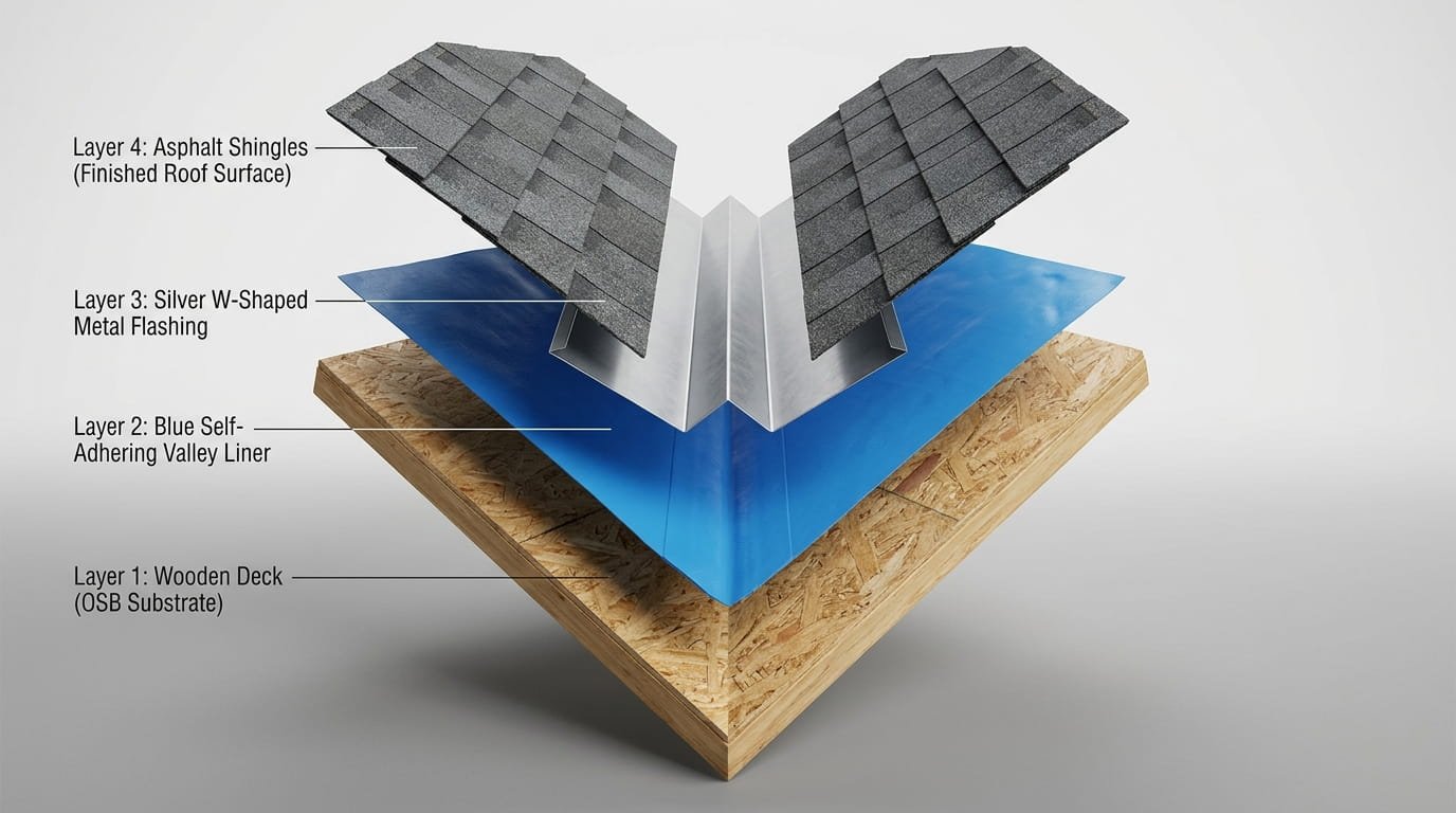 Exploded view of roof valley layers including underlayment and metal flashing