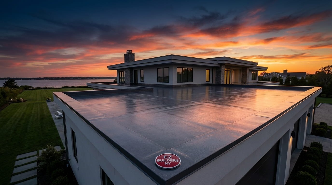 perfectly maintained flat roof on a Long Island home at sunset.