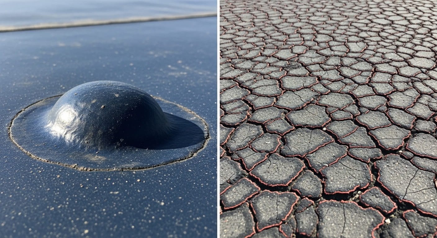 A macro close-up shot of common flat roof problems.