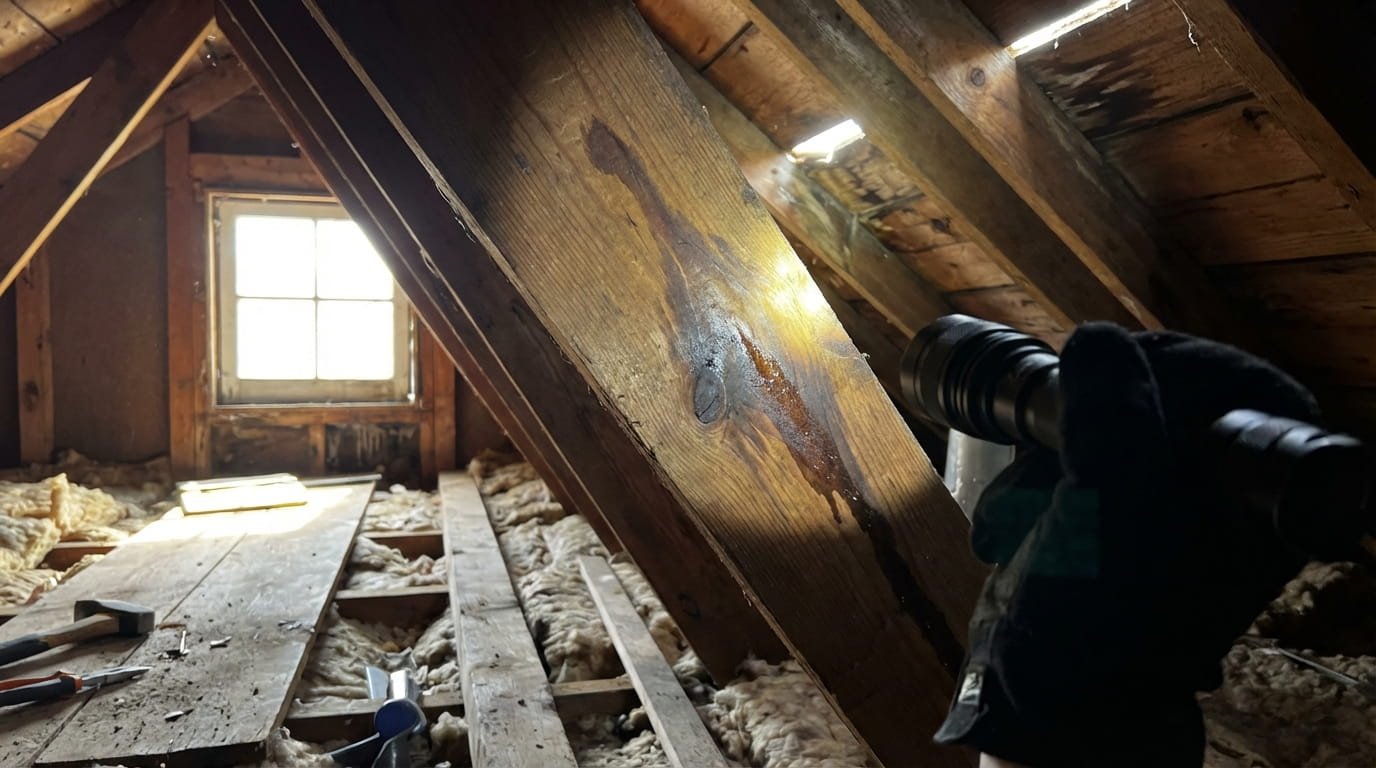 Tracing a roof leak along rafters in an attic to find the entry point.