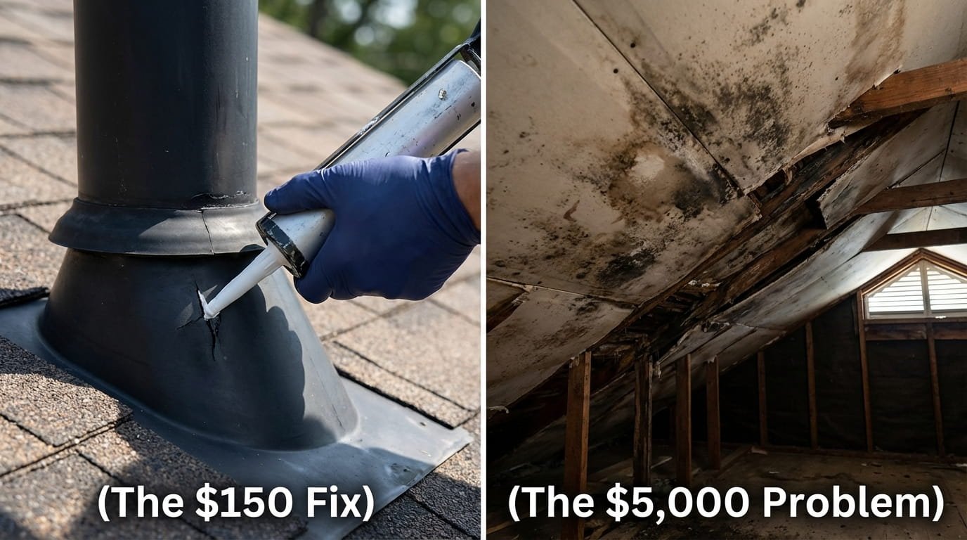 Visual comparison of a small roof repair versus expensive water damage escalation.