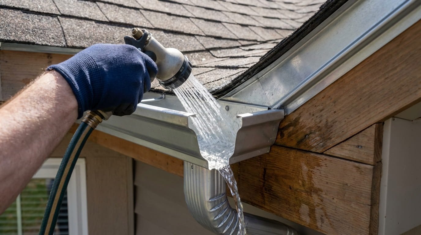 Testing roof gutter drainage and flow during seasonal maintenance.