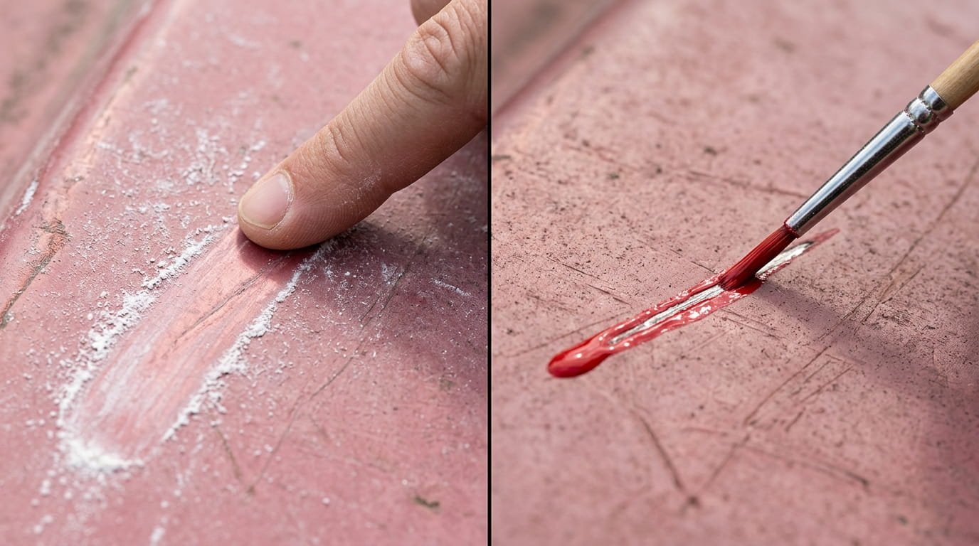 Metal roof chalking residue and small touch-up paint brush application.