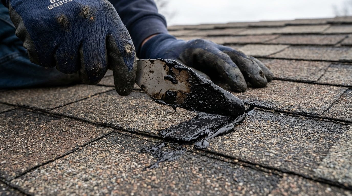 Applying professional roofing cement to repair a cracked asphalt shingle.