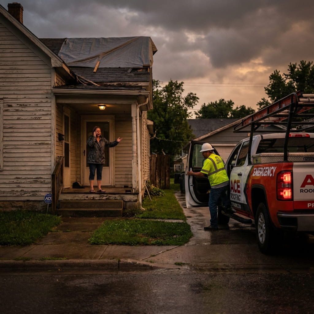 Emergency roofing team responding to storm damage on residential home in Long Island