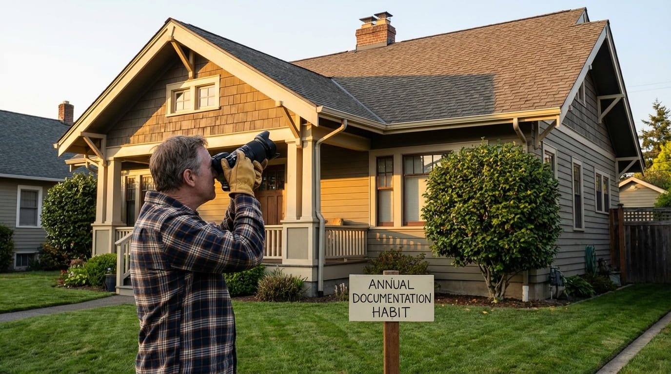 Homeowner documenting roof condition for insurance baseline records.