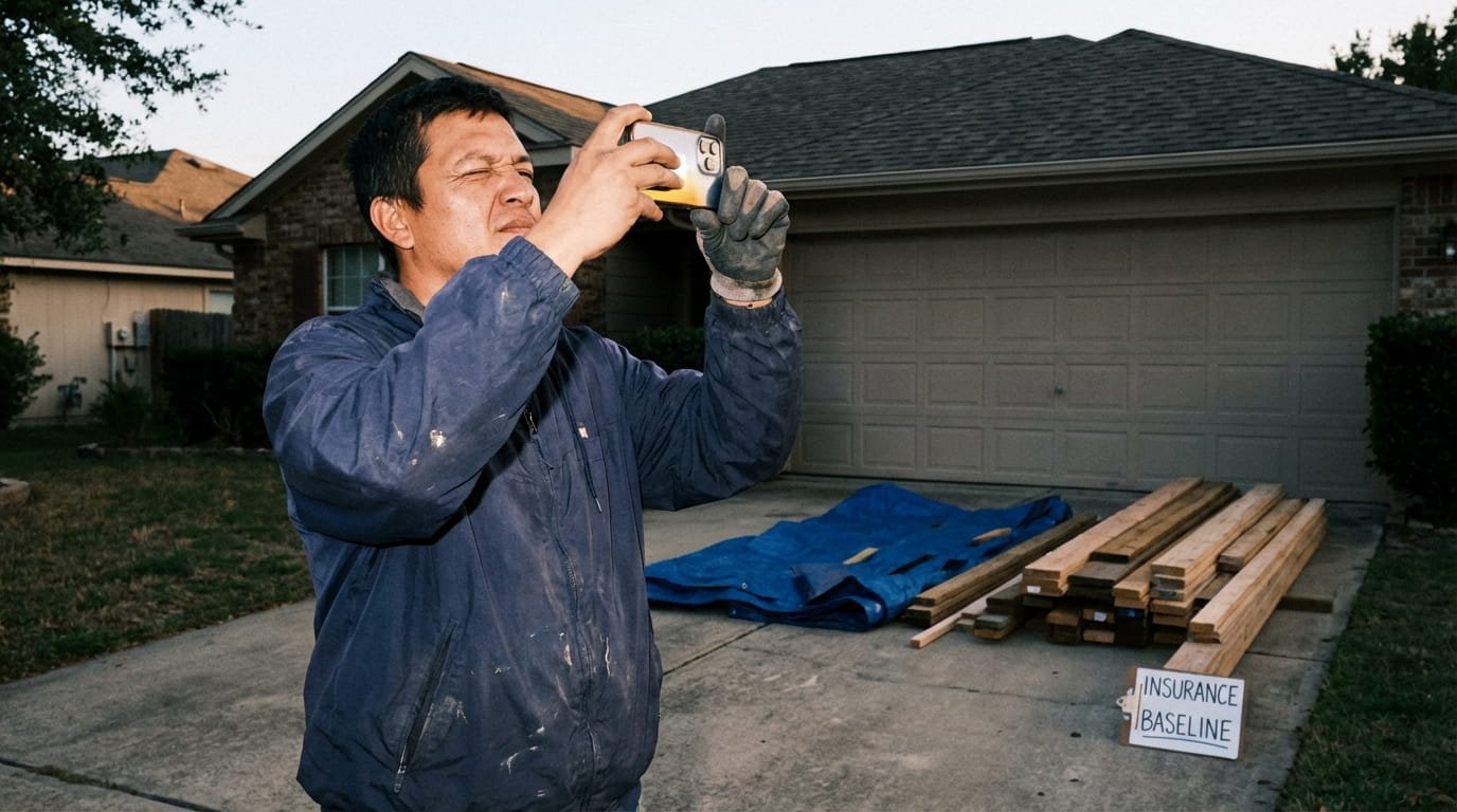 Homeowner documenting roof condition 72 hours before hurricane landfall.