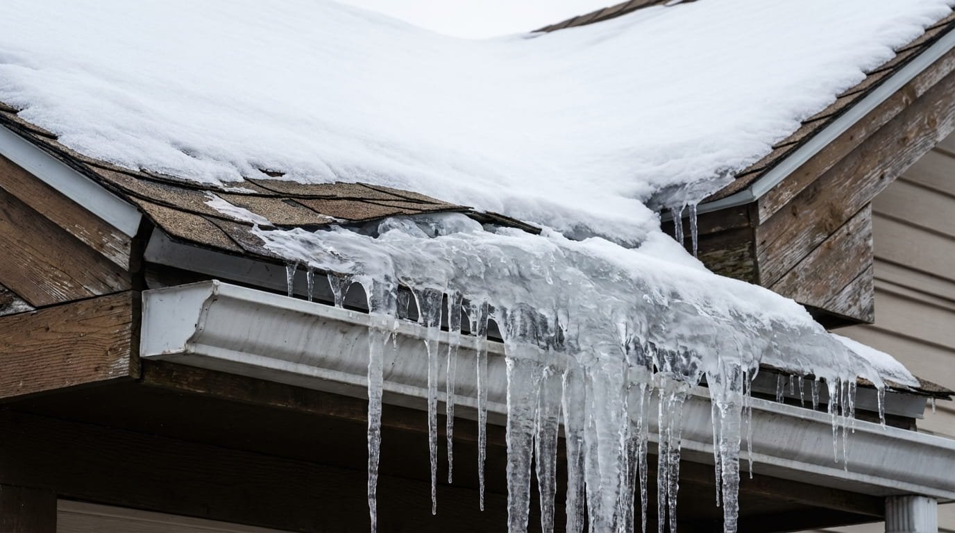 Ice dam formation at the roof edge causing water to back up under shingles.