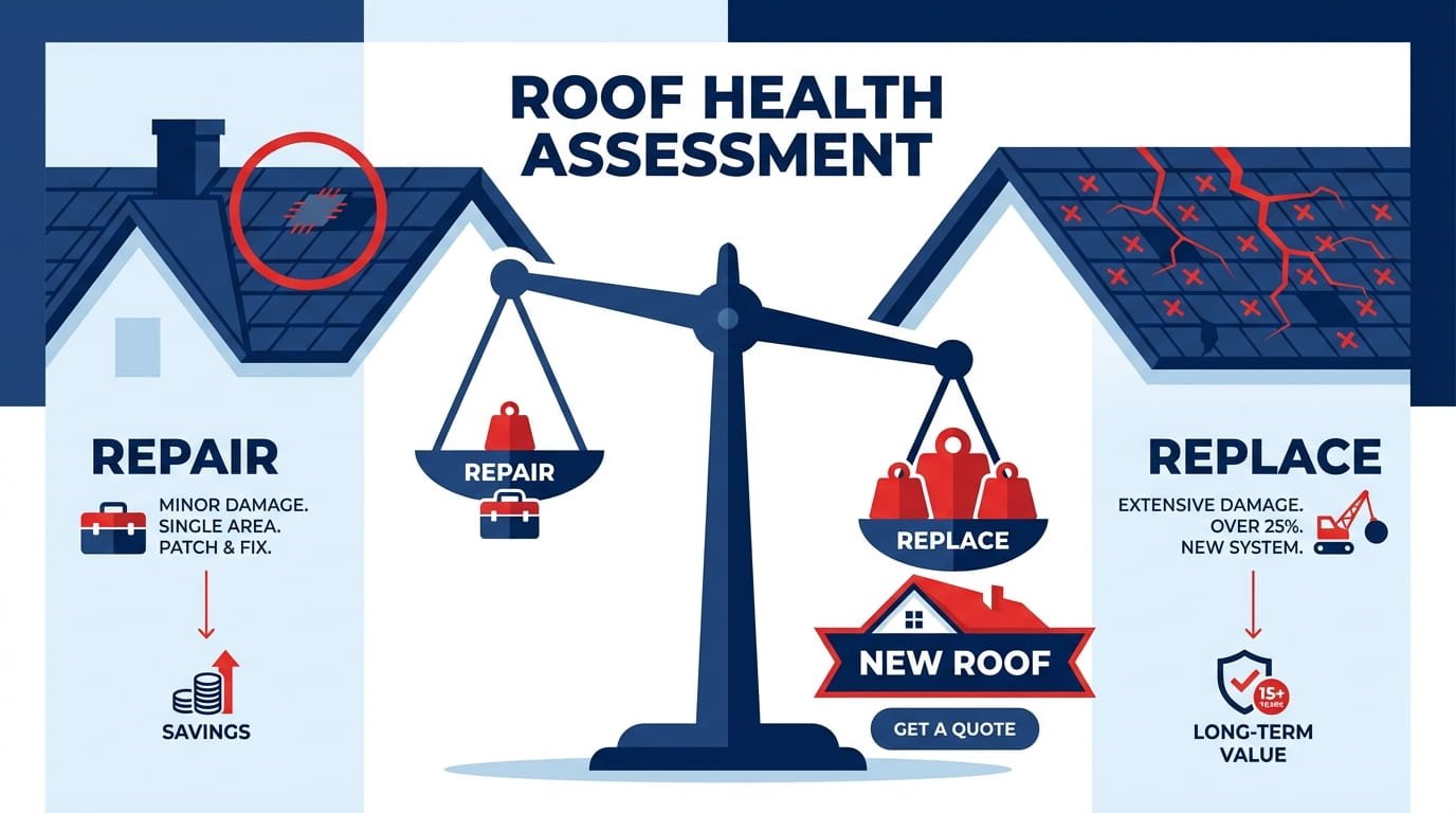 A clean, professional split-screen infographic. Left side: A 'Repair' zone showing a single red circle around a small patch on a navy blue roof. Right side: A 'Replace' zone showing more than 25% of a roof covered in many red 'X' marks and cracks. In the center, a large, bold navy blue scale tipping towards a 'New Roof' icon. Stylized, modern flat vector art, using Navy Blue and Red as primary colors, high clarity for web.