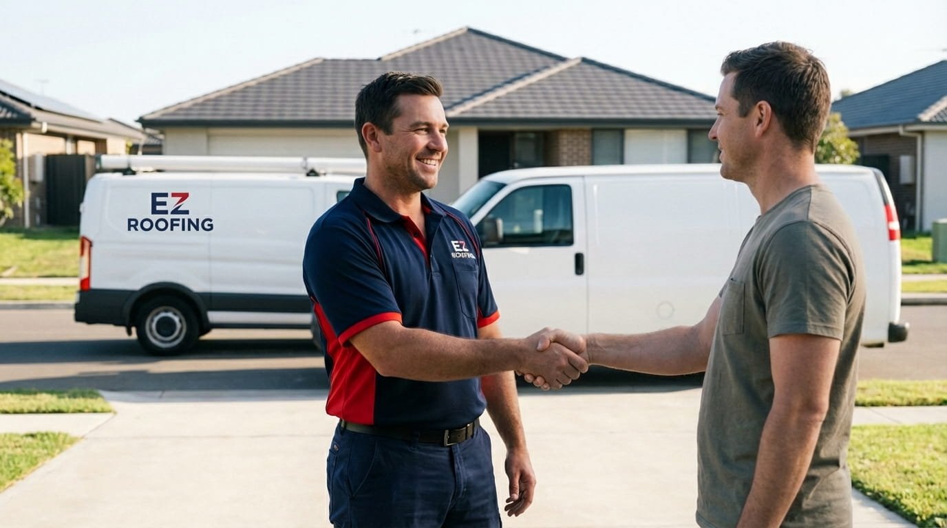 EZ Builders NY roofing professional greeting a homeowner for a roof inspection.