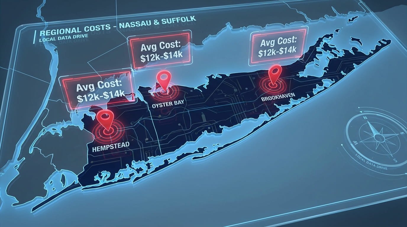 Map showing average roof replacement costs across Nassau and Suffolk County towns.