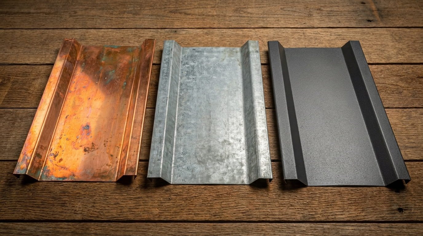 Comparison of copper, galvanized steel, and aluminum valley flashing
