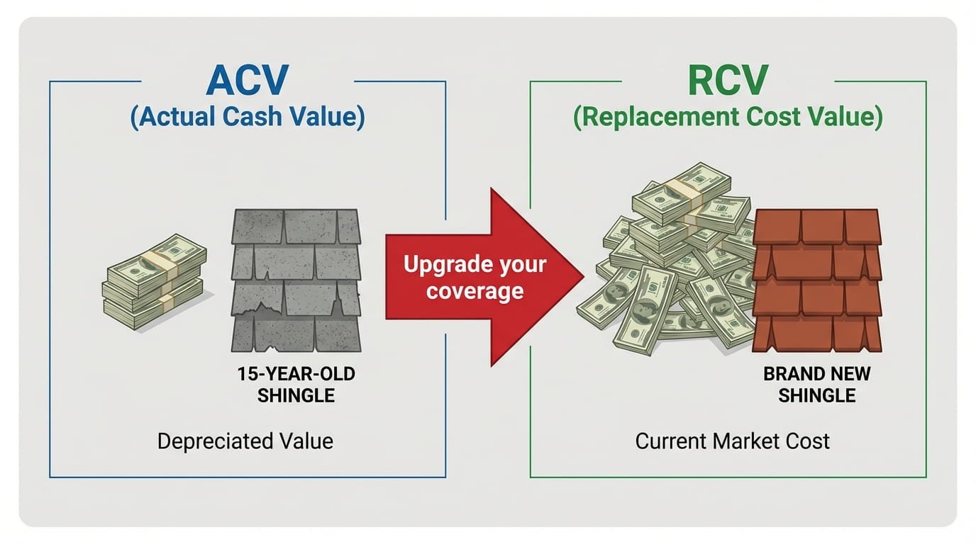 Explanation of ACV vs RCV insurance coverage for roof replacement