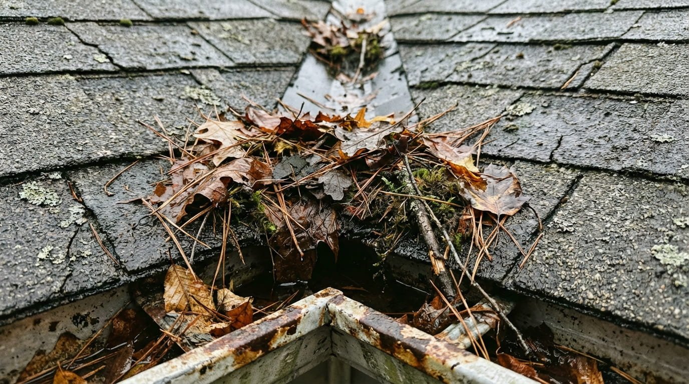 Clogged roof valley with leaves and debris causing water pooling