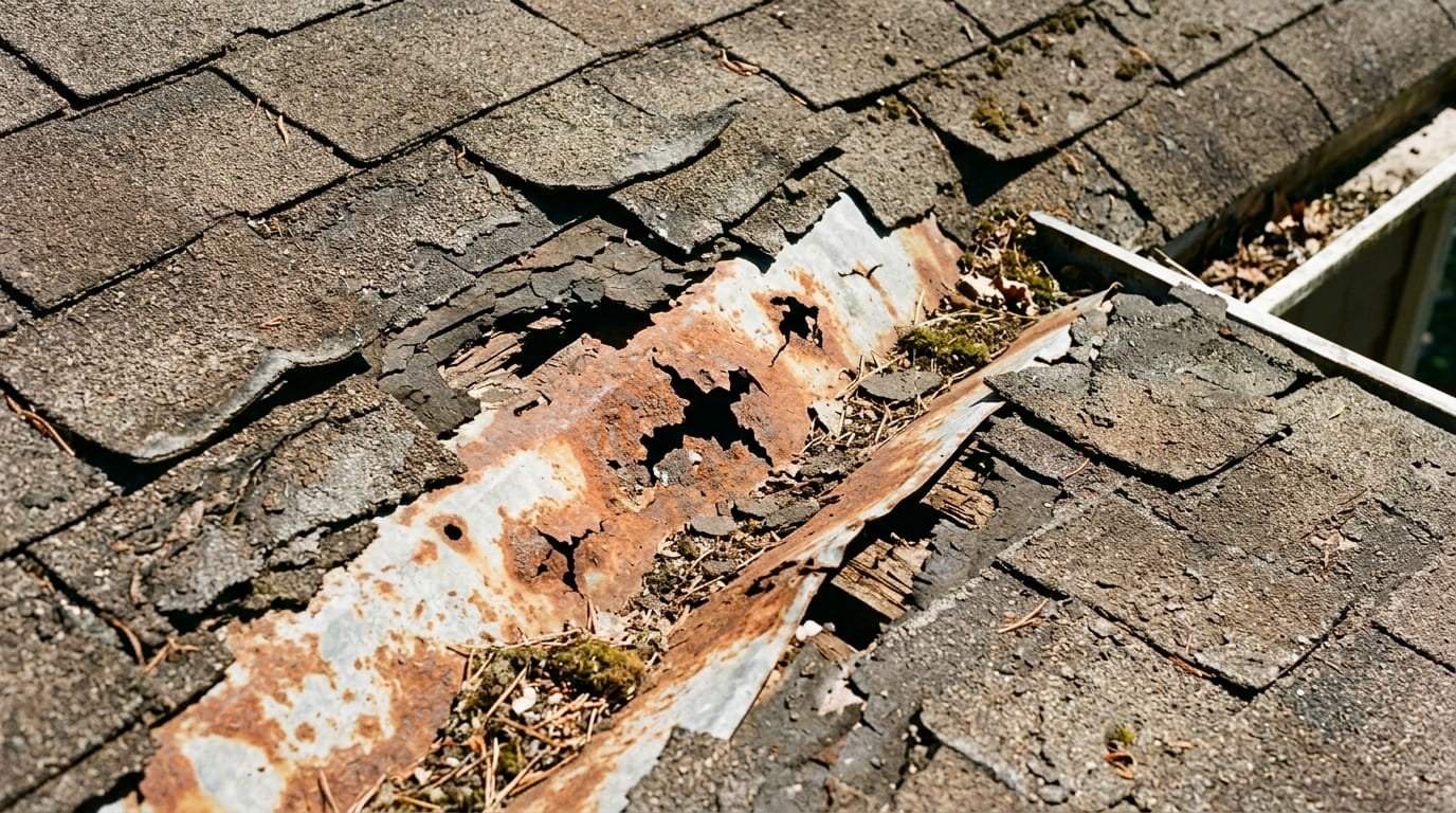Rusted and corroded metal roof valley flashing