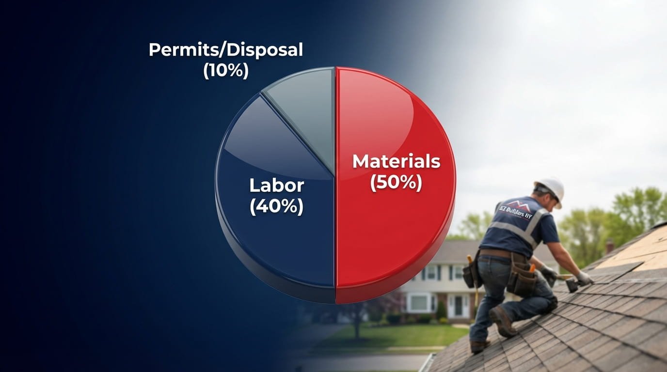 Infographic showing the breakdown of materials, labor, and permit costs for roof replacement