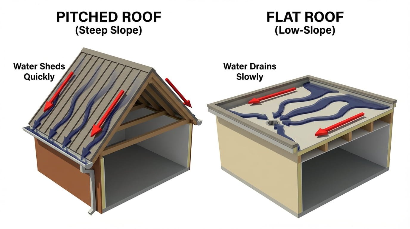 3D diagram comparing a Pitched Roof and a Flat Roof.