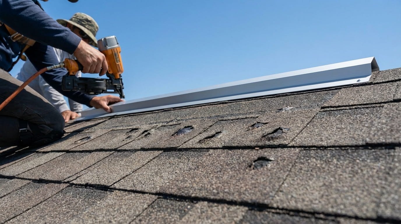Installing roof ridge vents to prevent shingle blistering and heat damage.