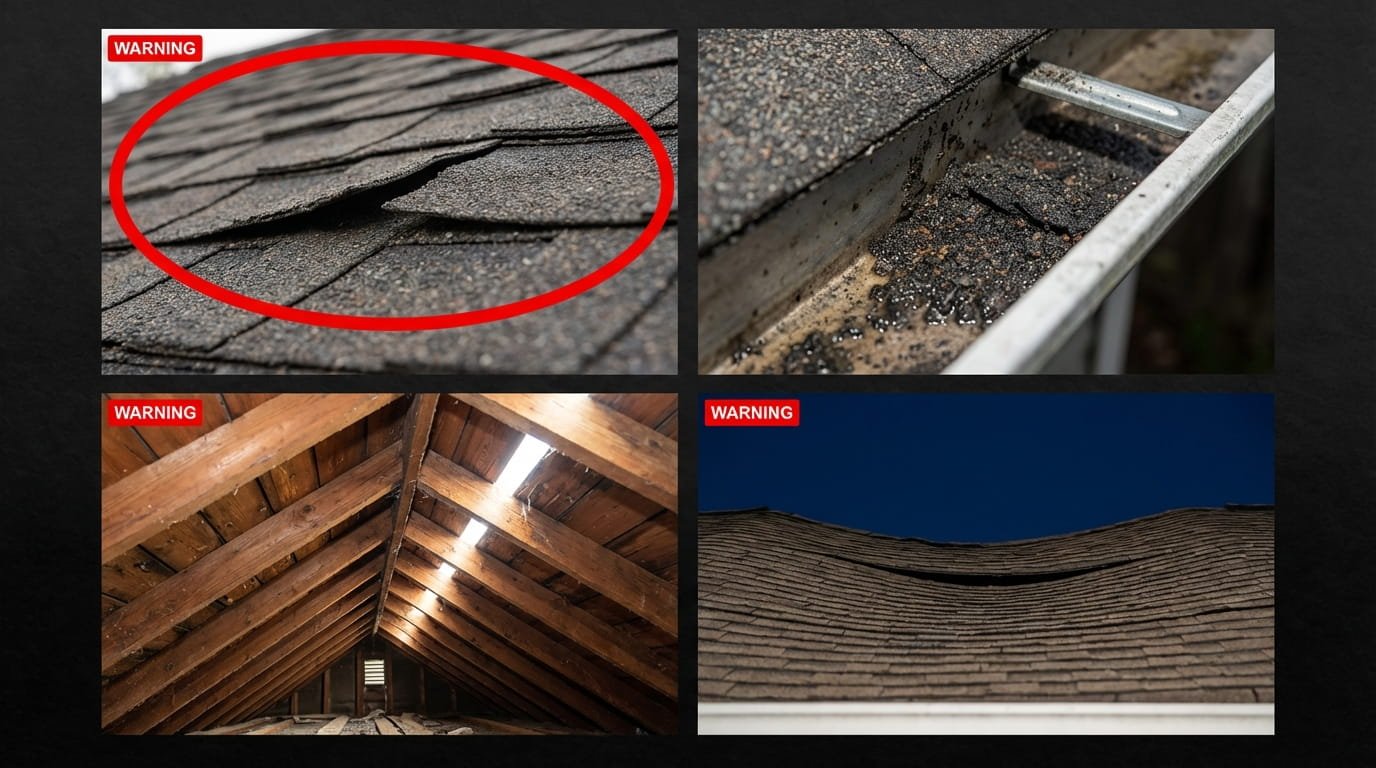 Visual guide to roof damage signs like curling shingles and granule loss for homeowners.