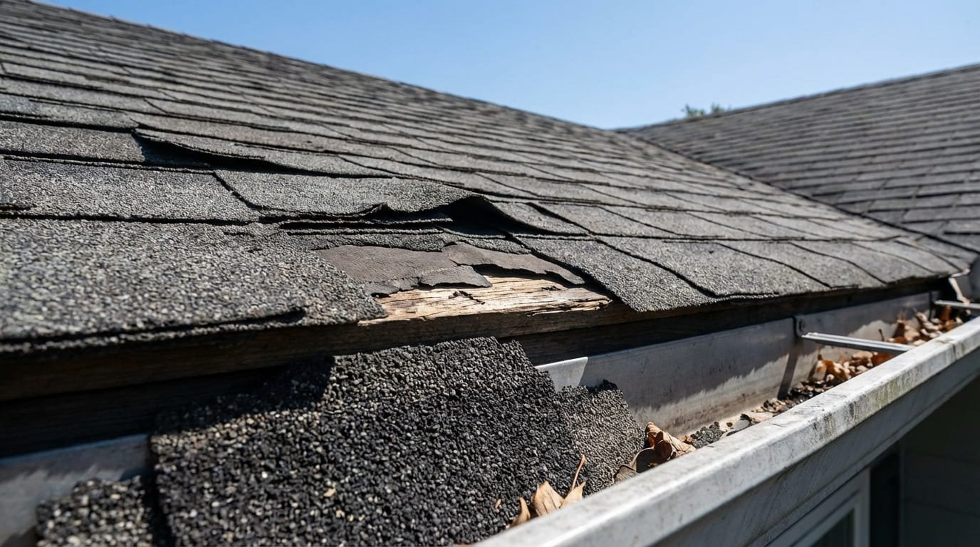 Missing shingles and shingle granules in gutters indicating roof wear.