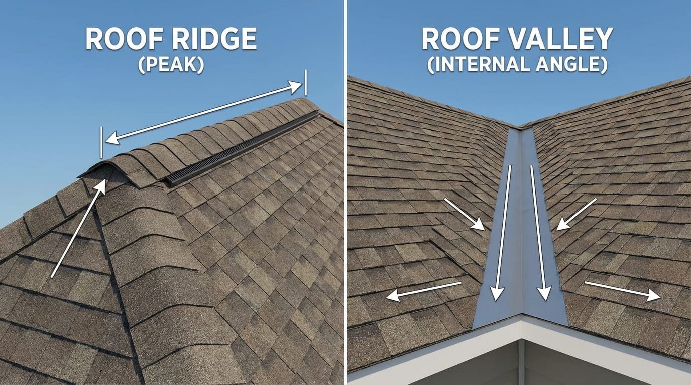 Comparison diagram of a roof ridge versus a roof valley