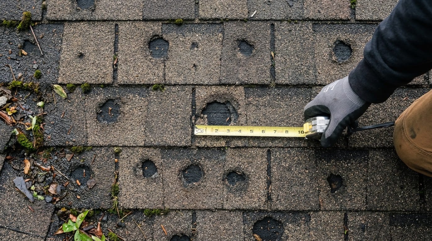  Documenting hail damage hits on asphalt shingles for an insurance claim.