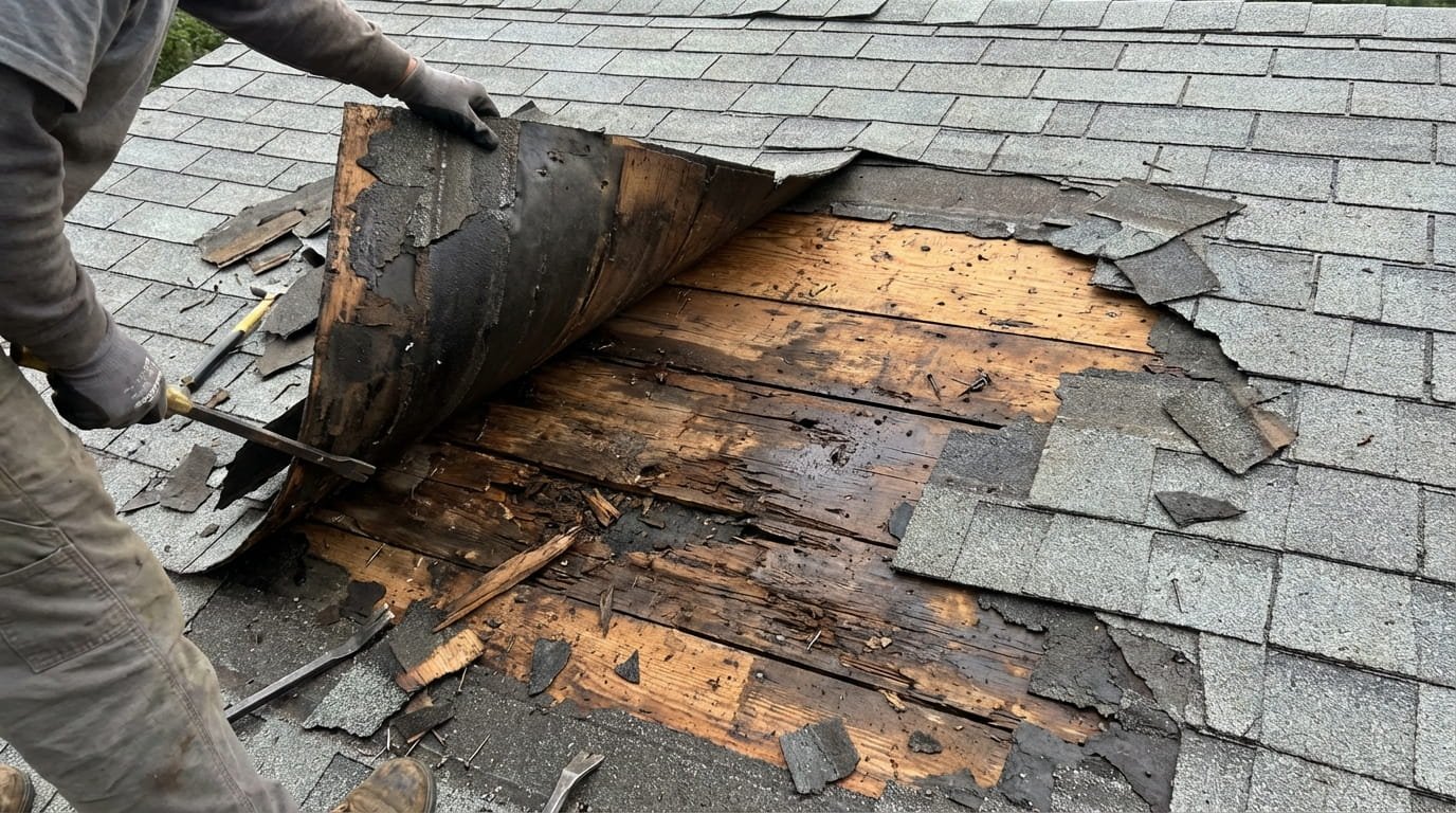 Widespread roof decking rot revealed during inspection, indicating replacement threshold.