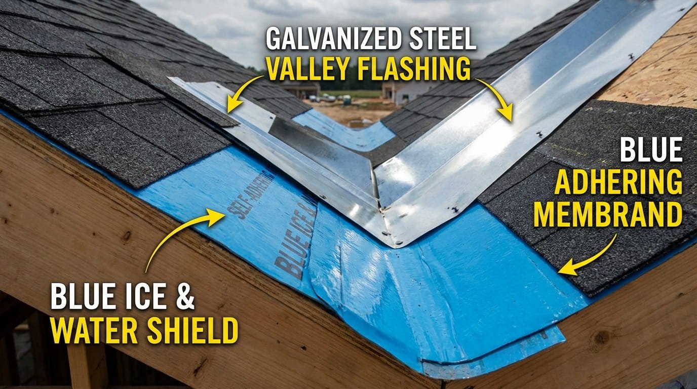 Low-slope roof valley with EPDM rubber membrane waterproofing