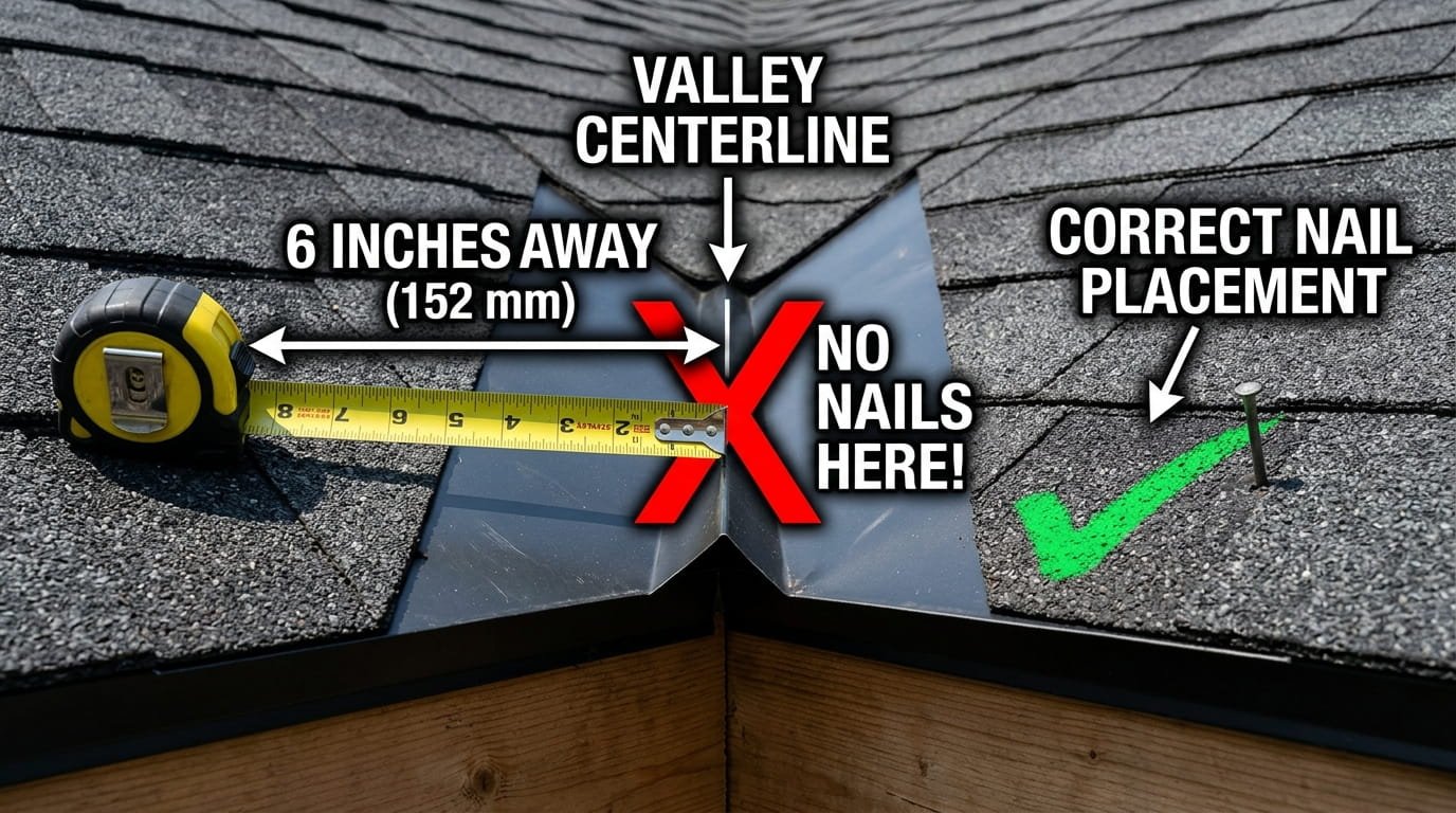 Correct nail placement 6 inches away from roof valley center