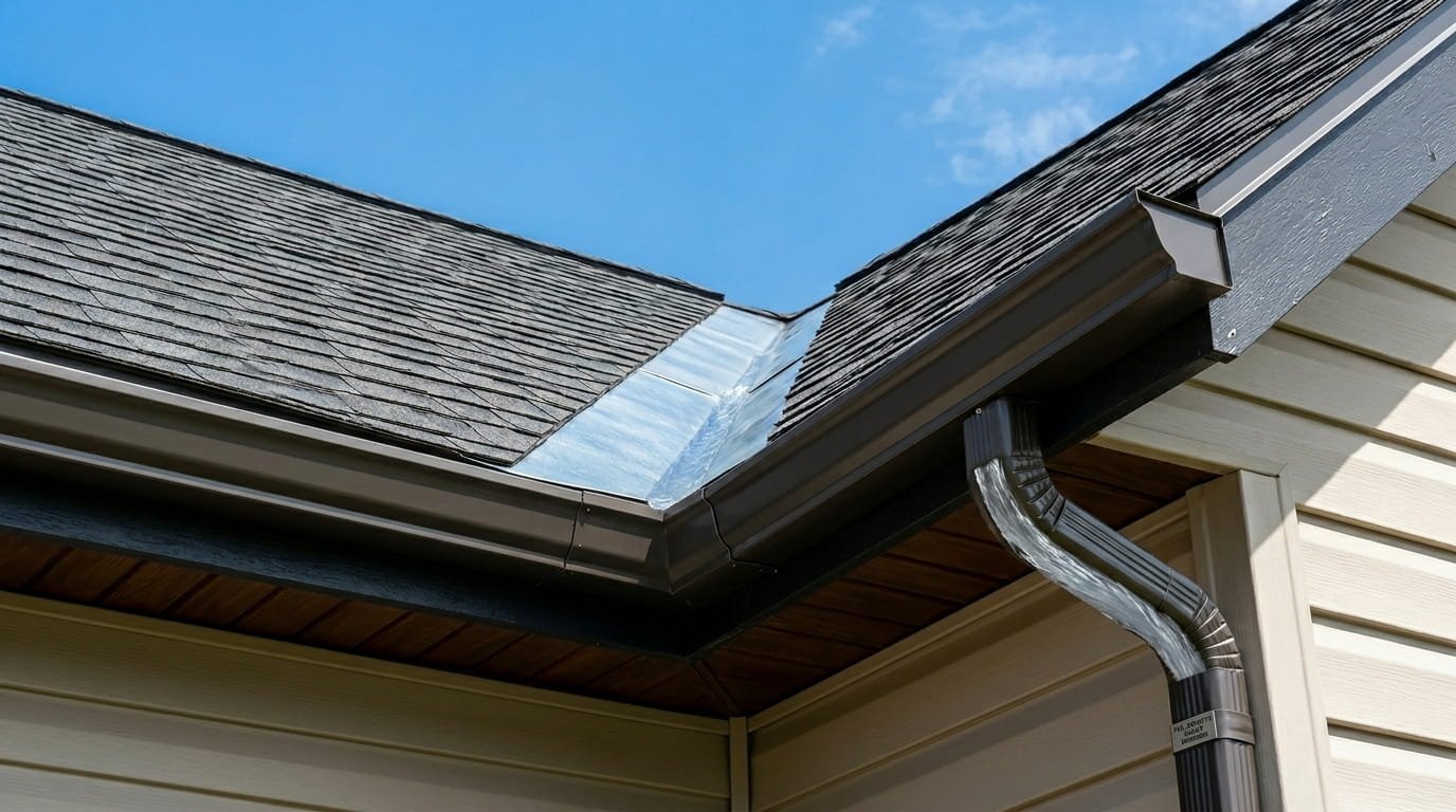 Roof valley directing water into a clean gutter system