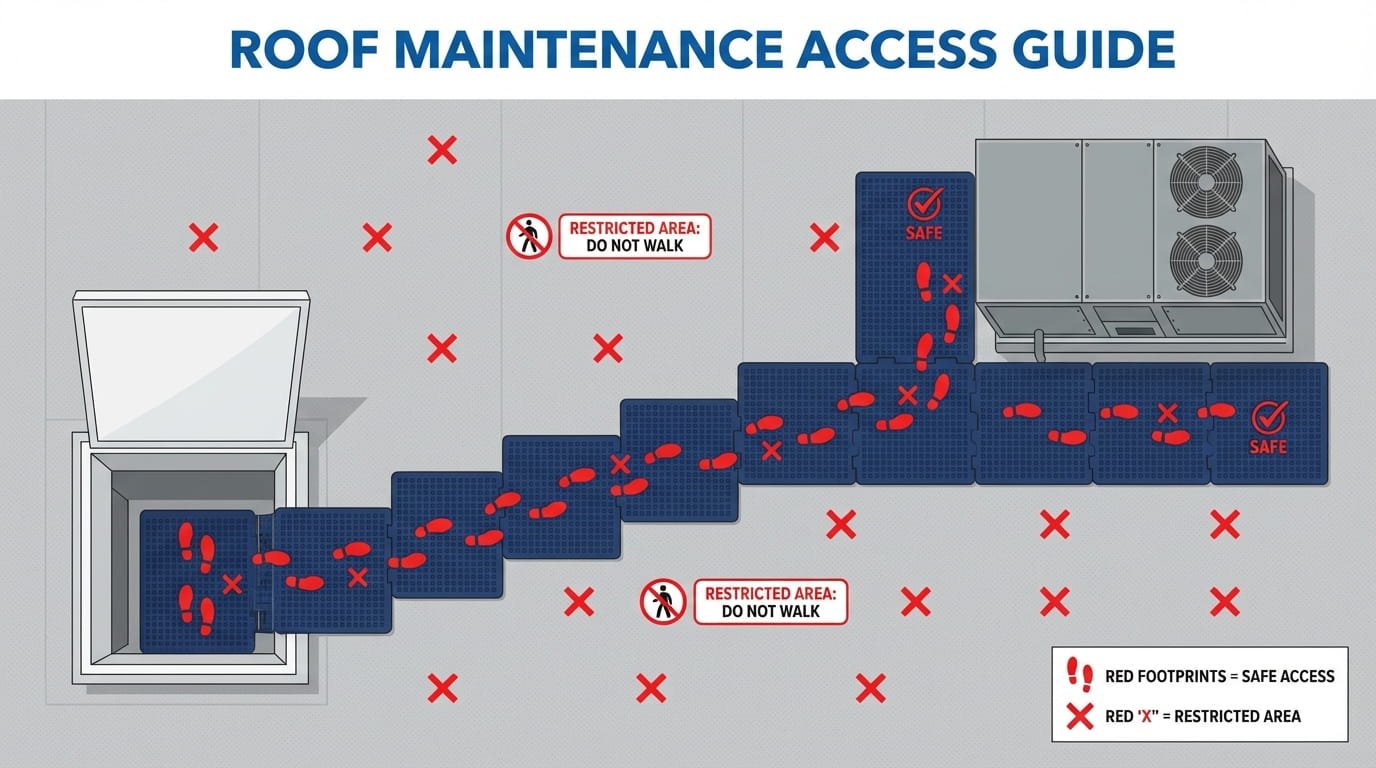 An illustrative top-down infographic style visual of a flat roof surface. A defined path made of textured navy blue rubber walkway pads is laid out on the grey roof membrane, leading from a roof hatch to an HVAC unit.