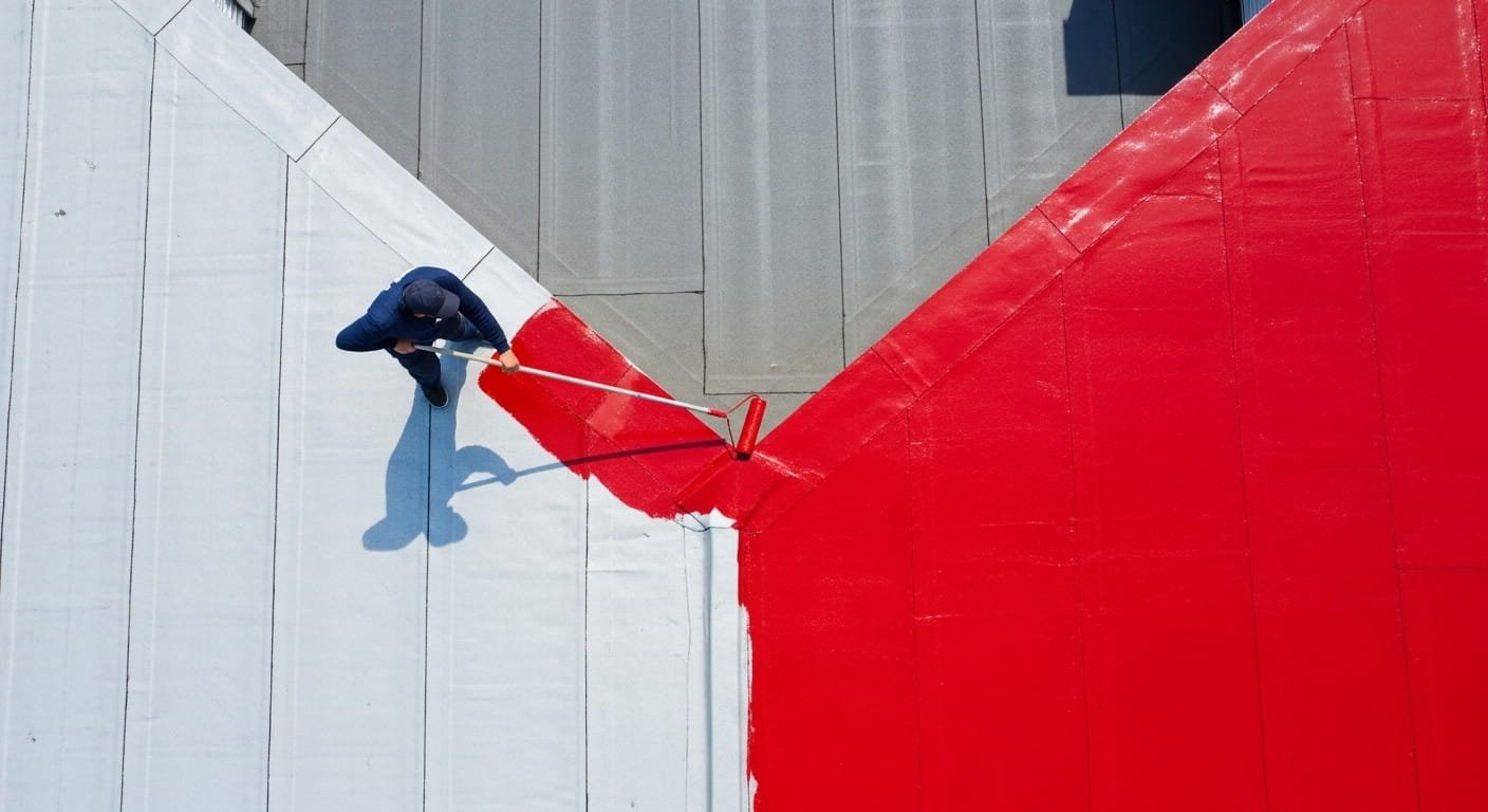 An engaging mid-air drone photograph looking down on a flat roof. A roofer in a navy blue uniform is using a long-handled roller to apply a smooth layer of bright, reflective red protective roof coating.