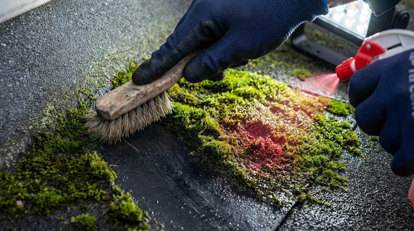 A macro close-up photograph of dynamic moss and green algae growth on a dark grey EPDM rubber flat roof membrane.
