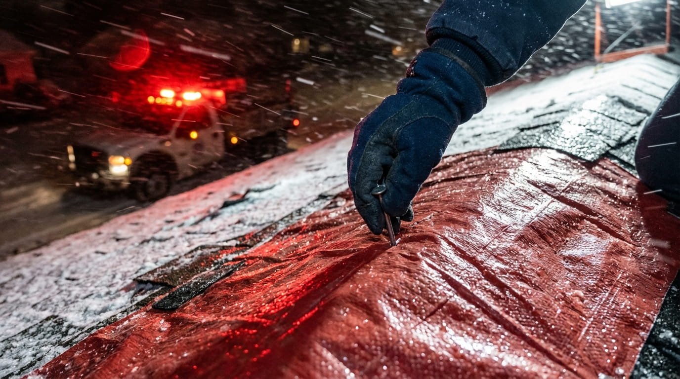 professional roofer's hand in a navy blue glove is actively hammering a temporary tarping nail into a large, vibrant red emergency tarp that is covering storm damage