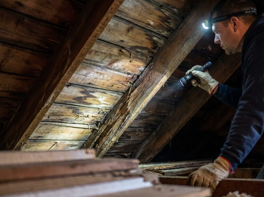 Roof replacement revealing hidden structural damage in roof decking