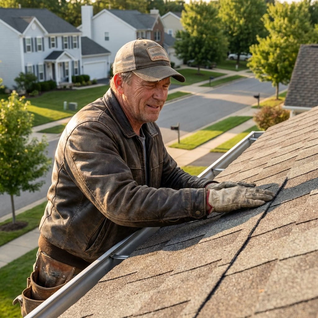 professional roofing installation contractor checking a completed roof with confidence, highlighting quality workmanship and 26 years of experience