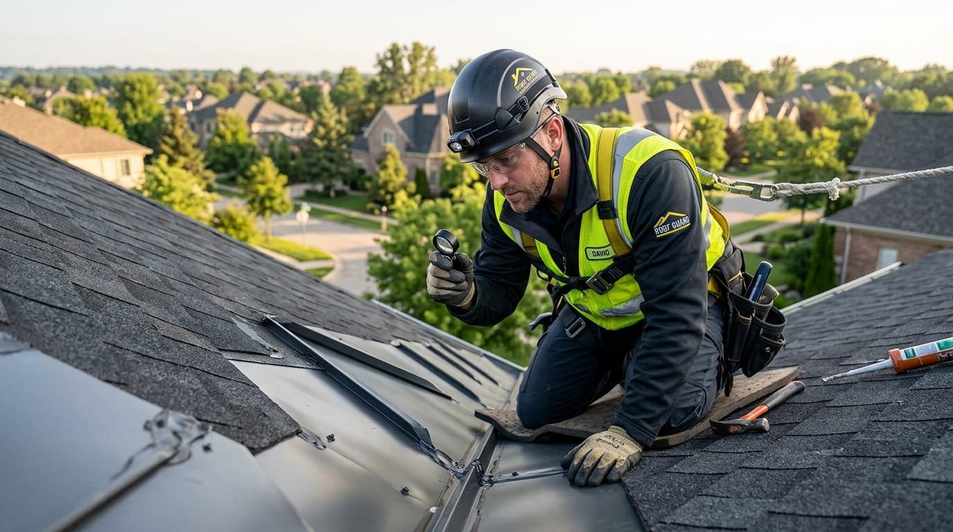 Professional roofing contractor performing a roof valley inspection