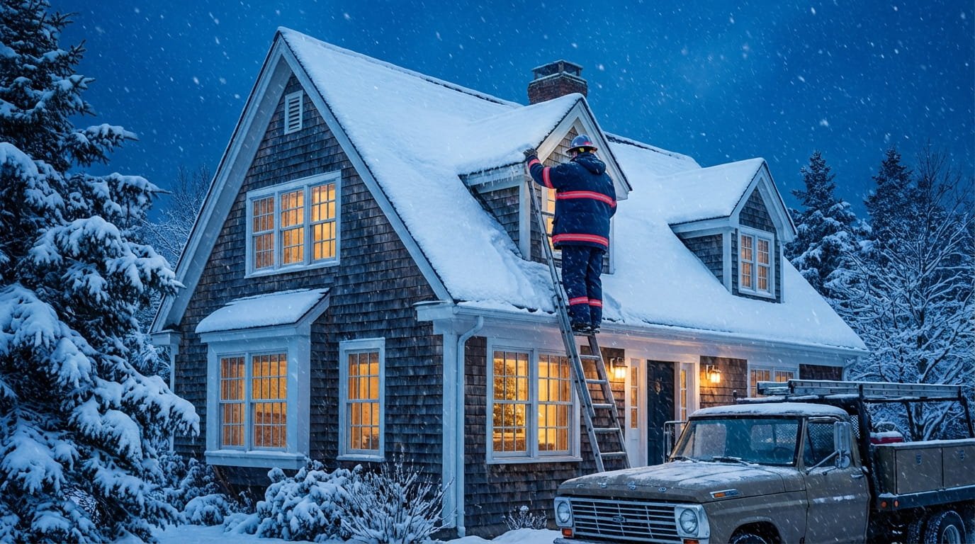 Long Island home during a winter snowstorm.