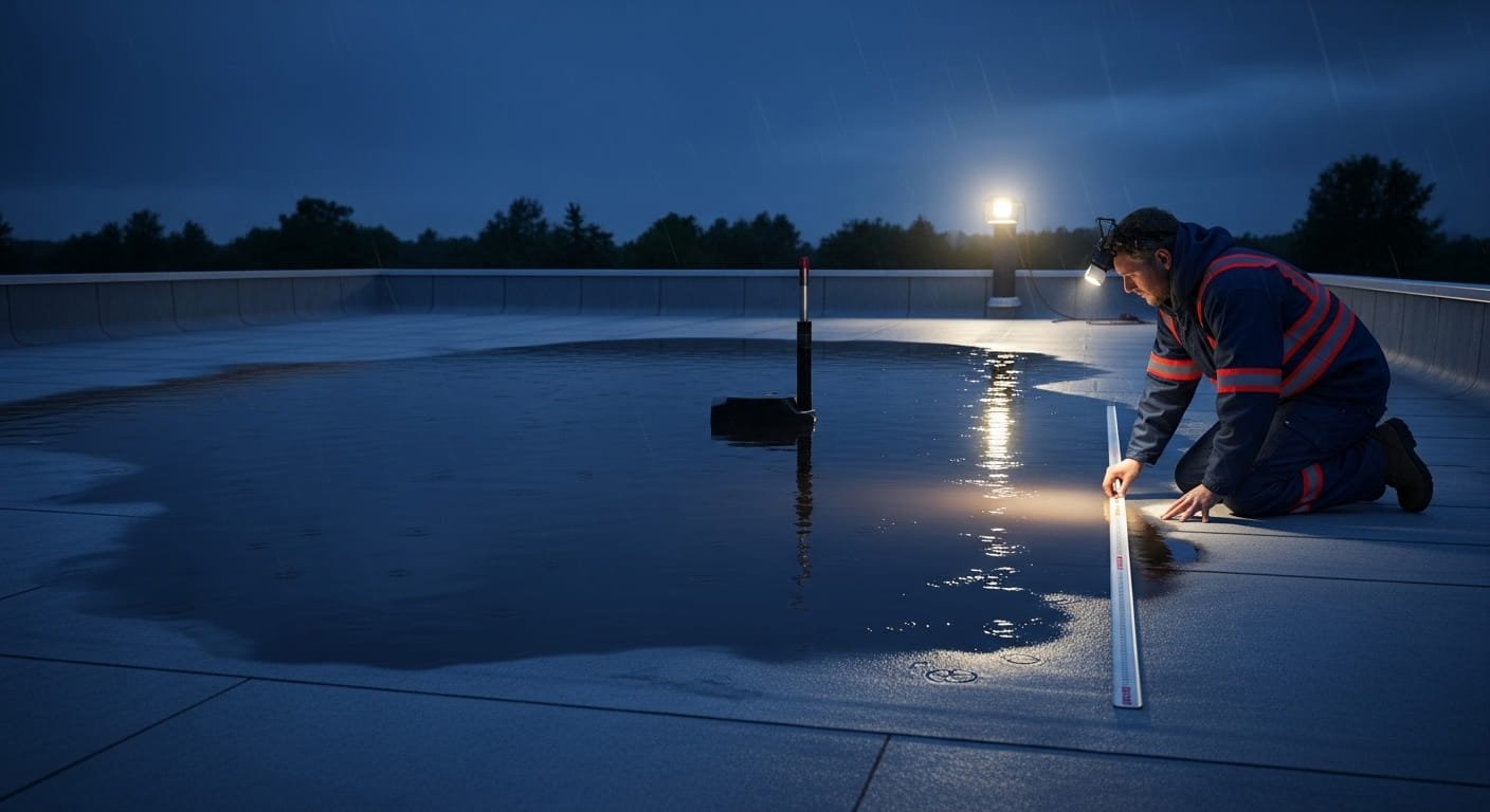 A worried roofer measuring the depth with a specialized rule.