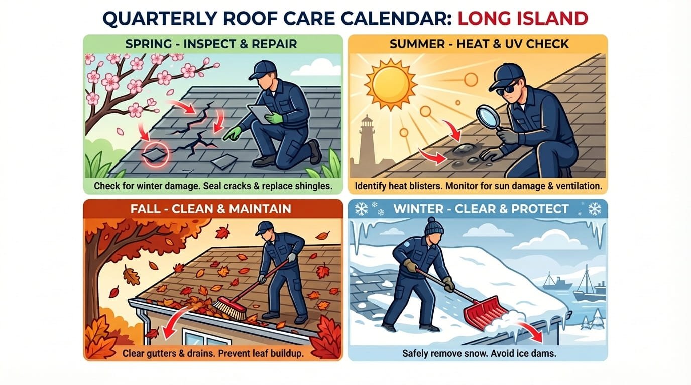 A vibrant and engaging quarterly calendar collage visual. Each of the four squares represents a season on Long Island with a roofer in a navy blue uniform performing maintenance tasks.