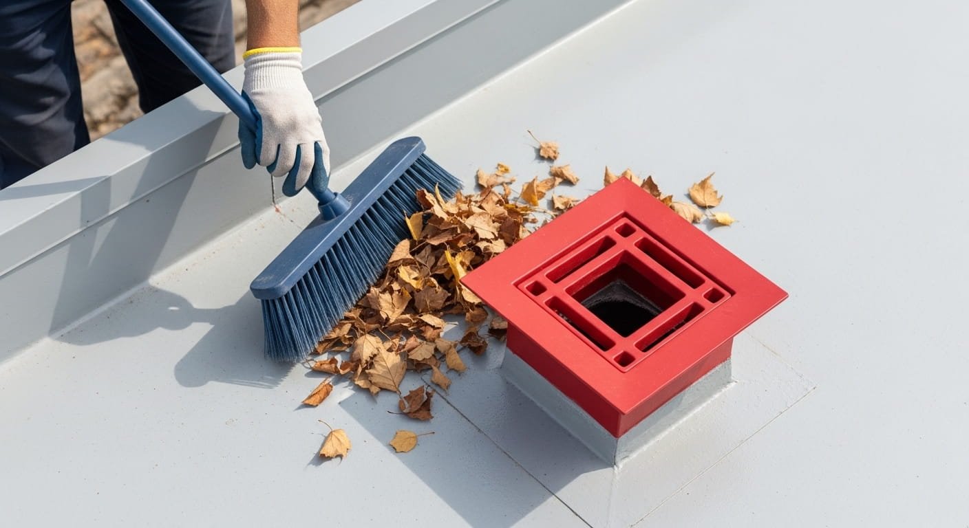 A top-down view of a roofer's hands using a soft navy blue broom to sweep dry autumn leaves away from a bright red roof drain (scupper).