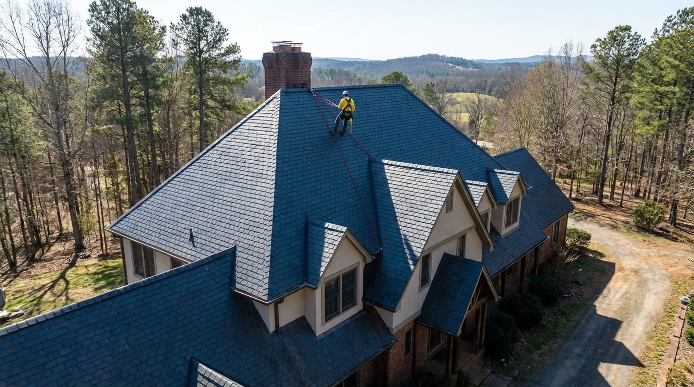 Professional roofing contractor using safety harness on a steep multi-story roof.