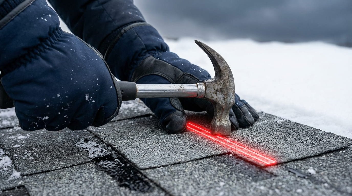 Expert roofer hand-nailing asphalt shingles to prevent cold weather cracking.