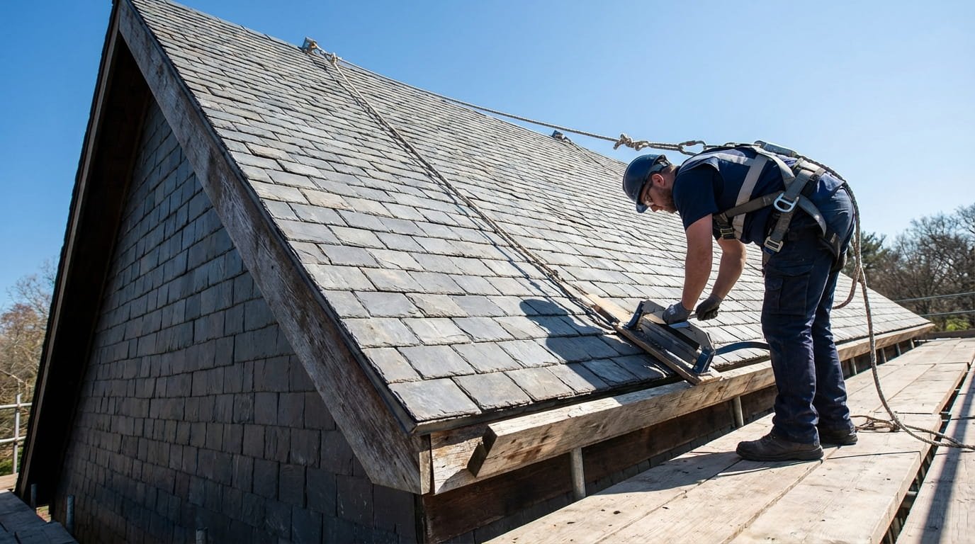 Professional roofer using safety harness and specialized tools on a steep roof.