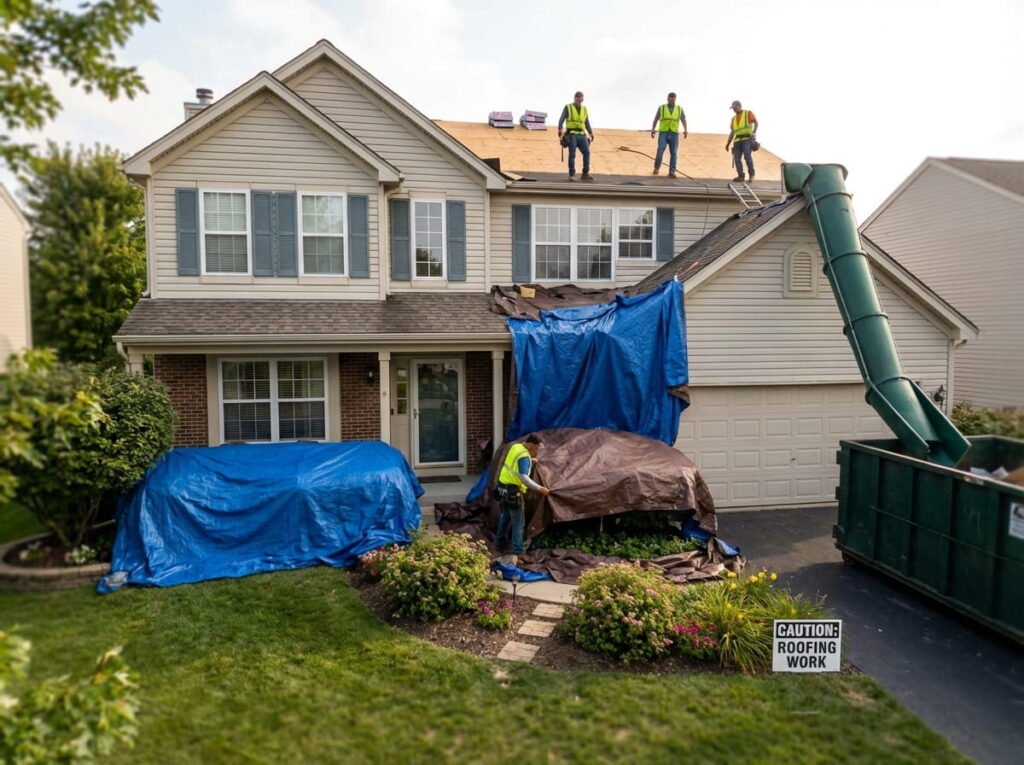 Roof replacement with protective measures to prevent damage to landscaping