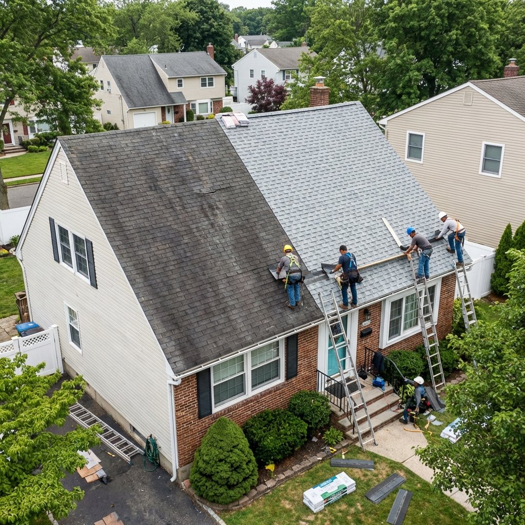 Roof replacement in progress showing old roof being replaced with new durable roofing system